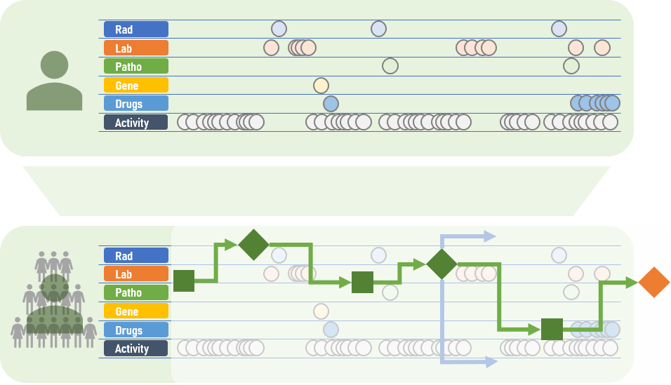 Knowledge discovery methods such as automatic graph construction and causal inference help generate new hypotheses about treatment, therapies, and diagnoses.