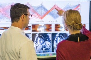 Inspection of the image-based geometric parameters describing the heart and its function. In patients with mitral valve insufficiency and altered pressure conditions the interplay of these parameters changes.
